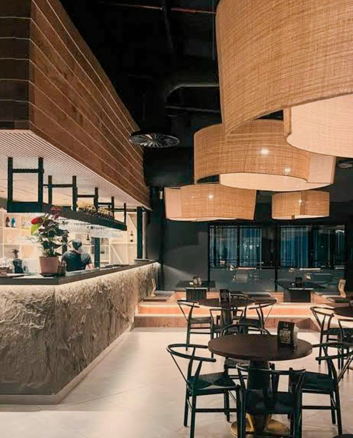 Nine Sky stone bar, timber pendants and completed dining area